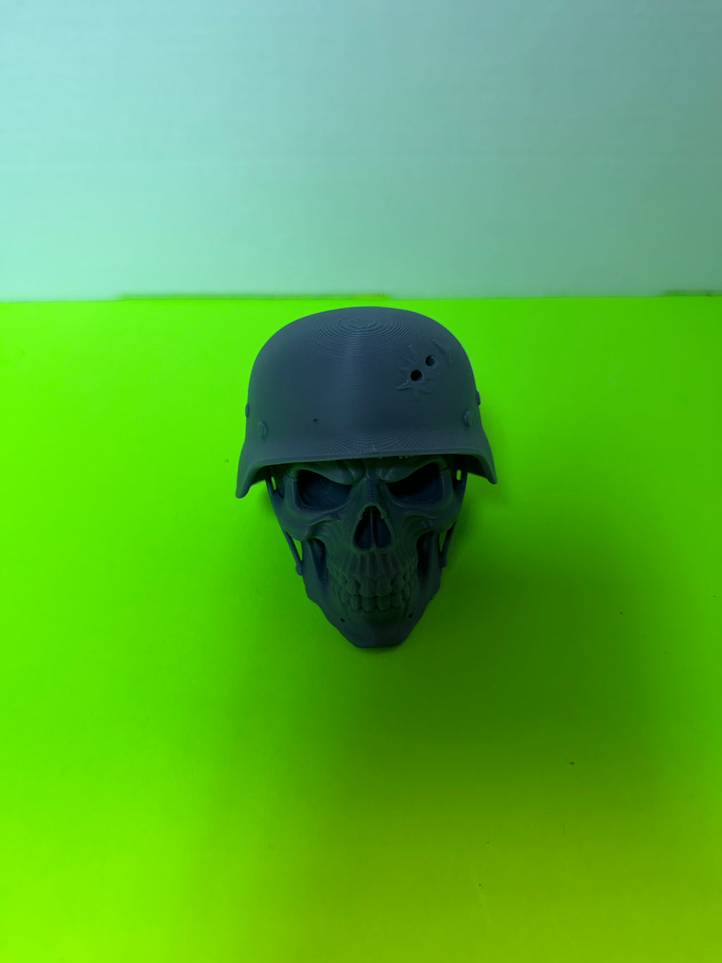 Skull with Bullet Hole in Helmet | 3D Printed Gothic Decor | Battle Worn Military Skull Statue | Morbid Collectible Home Decor
