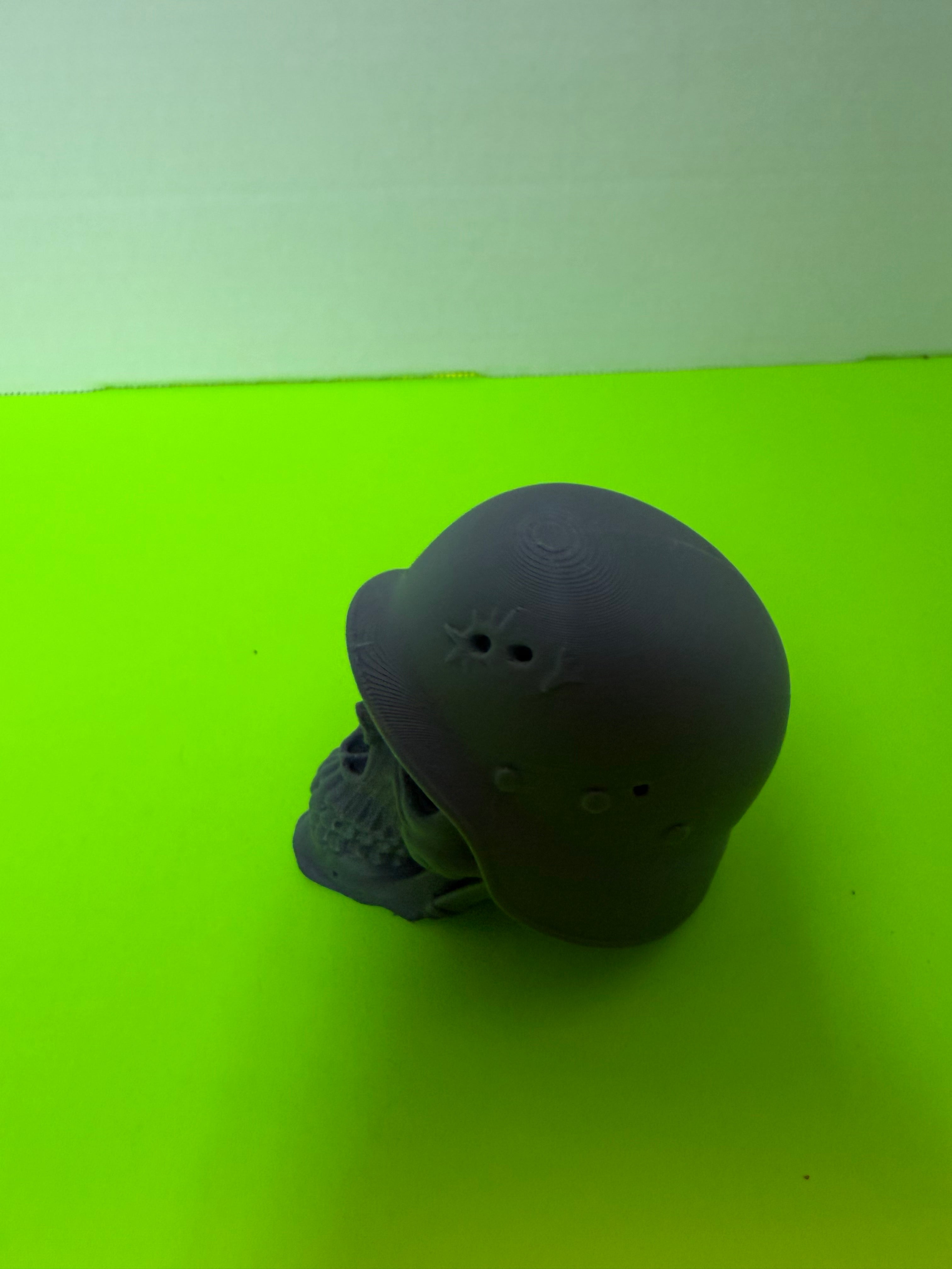 Skull with Bullet Hole in Helmet | 3D Printed Gothic Decor | Battle Worn Military Skull Statue | Morbid Collectible Home Decor